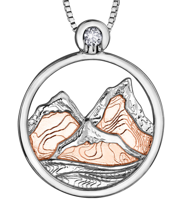 Sterling Silver & Rose Gold Canadian Diamond Whistler Alpenglow Mountain Pendant | Whistler Keepsake