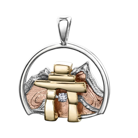 14k Tri-Coloured Inukshuk Mountain Pendant with Canadian Diamond