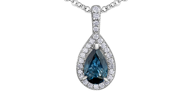 10k White Gold Sapphire & Diamond Halo Pear Shape Pendant | 0.08cttw | Whistler Keepsake