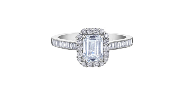 18k White Gold Canadian Emerald Cut Diamond Halo Engagement Ring | Whistler Luxury Bridal
