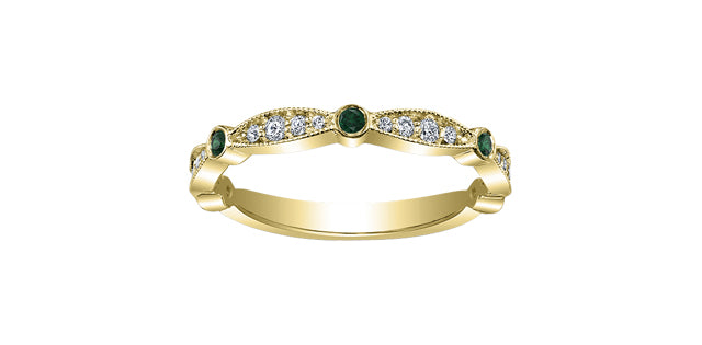 10k Yellow Gold Emerald & Diamond Milgrain Stacker Ring | 0.15ct | Whistler Keepsake