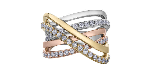 10k Tri-Colour Canadian Gold Diamond Criss-Cross Dinner Ring | 1.00ct | Whistler Statement Ring