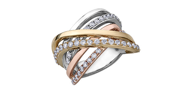10k Tri-Colour Canadian Gold Diamond Criss-Cross Dinner Ring | 1.00ct | Whistler Statement Ring