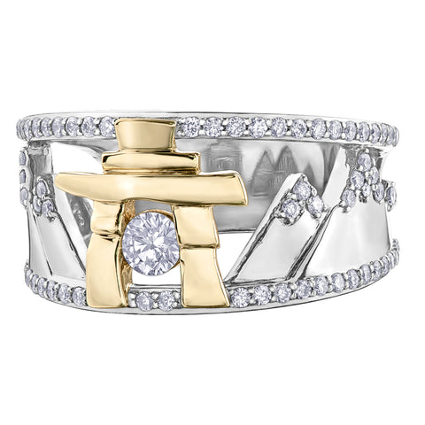 14k Gold Inukshuk Mountain Ring with Canadian Diamonds