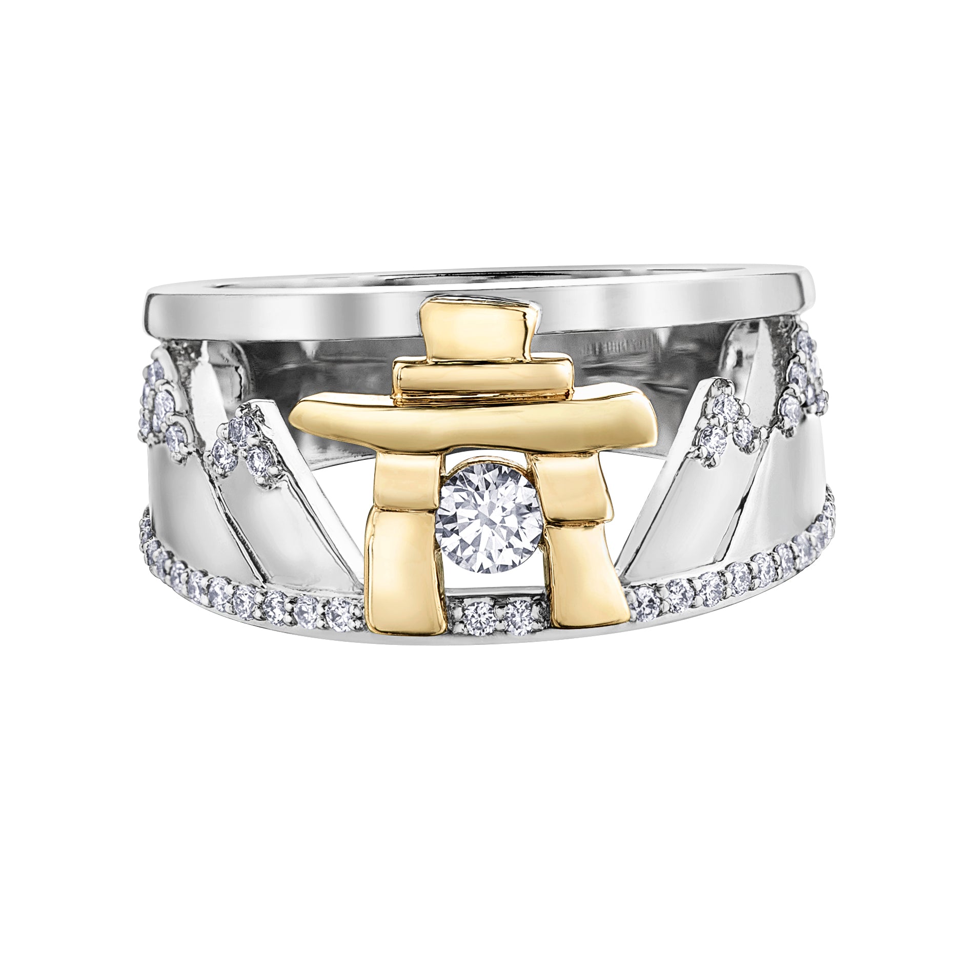 14k Gold Inukshuk Mountain Ring with Canadian Diamonds