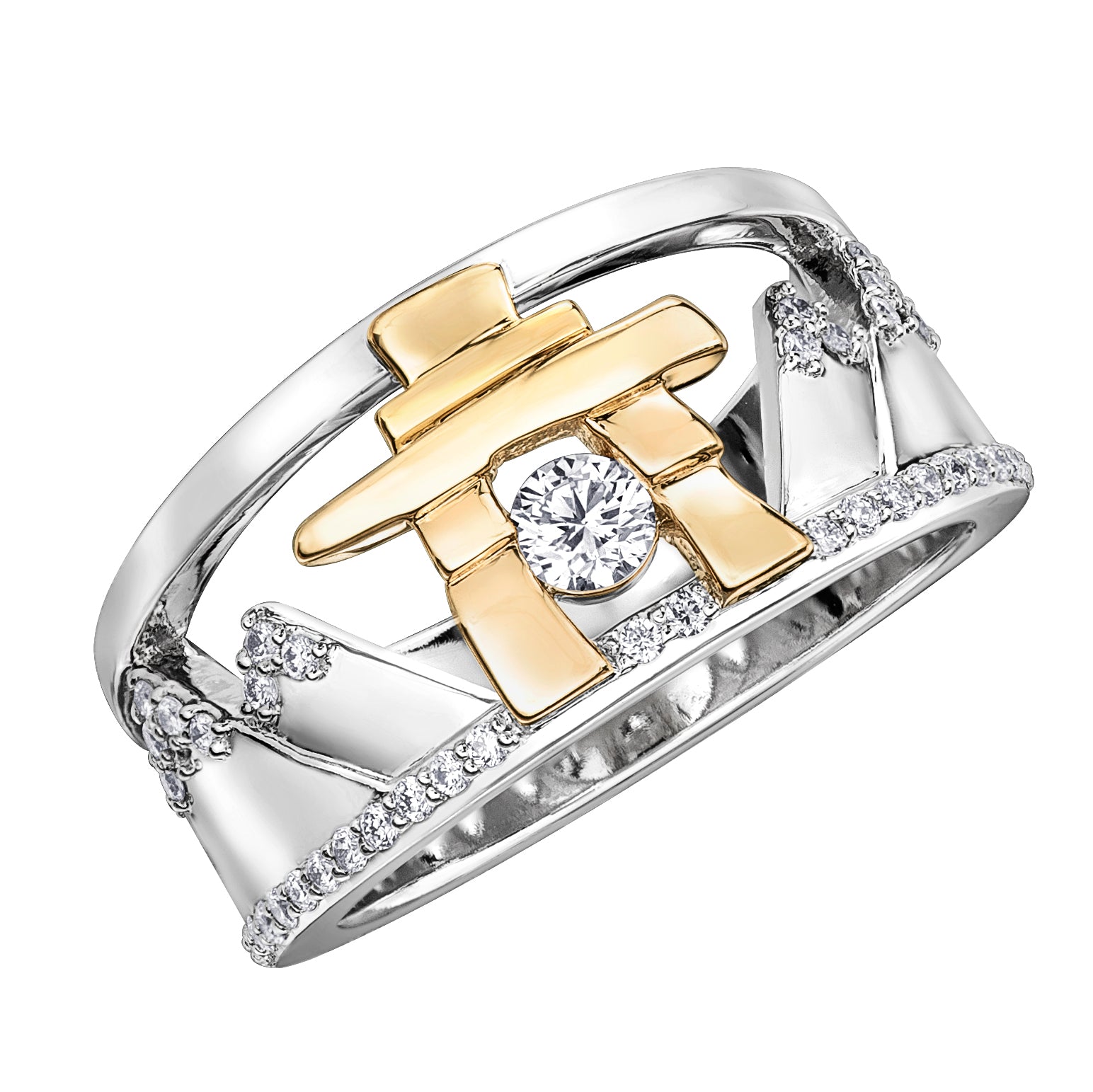 14k Gold Inukshuk Mountain Ring with Canadian Diamonds