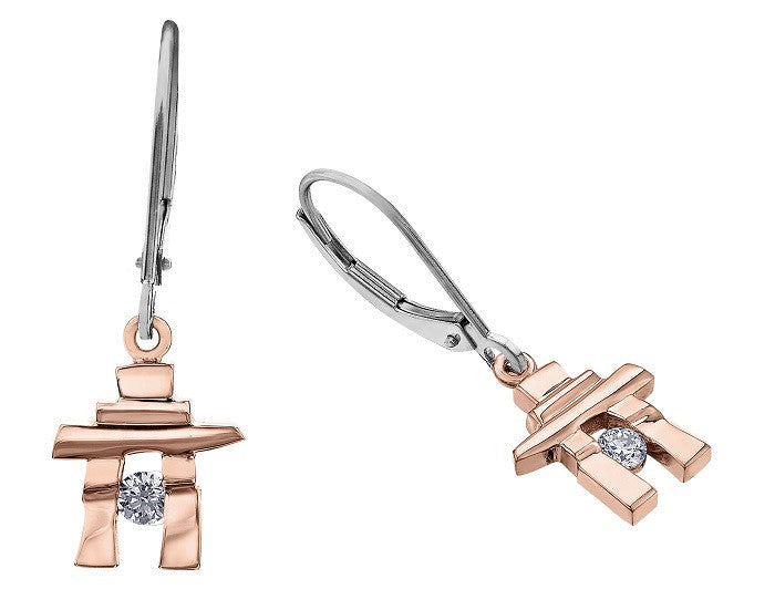 14k Rose Gold Inukshuk Euroback Earrings with Canadian Diamonds