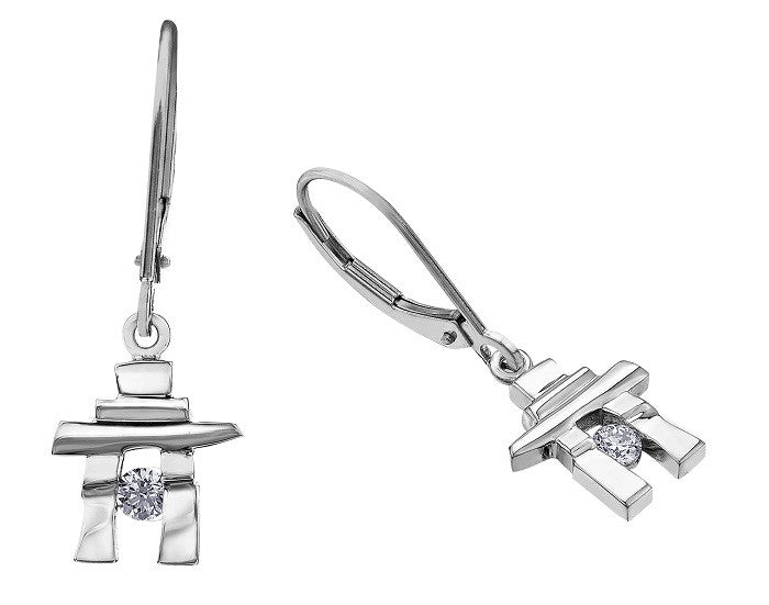 14k White Gold Inukshuk Euroback Earrings with Canadian Diamonds