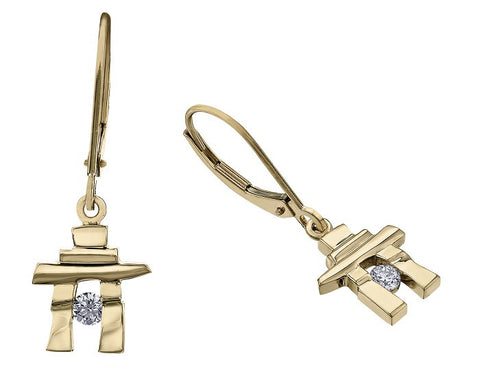 14k Yellow Gold Inukshuk Euroback Earrings with Canadian Diamonds