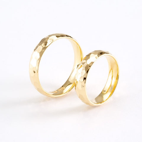 14k Yellow Gold Hand Hammered Comfort Fit Wedding Bands